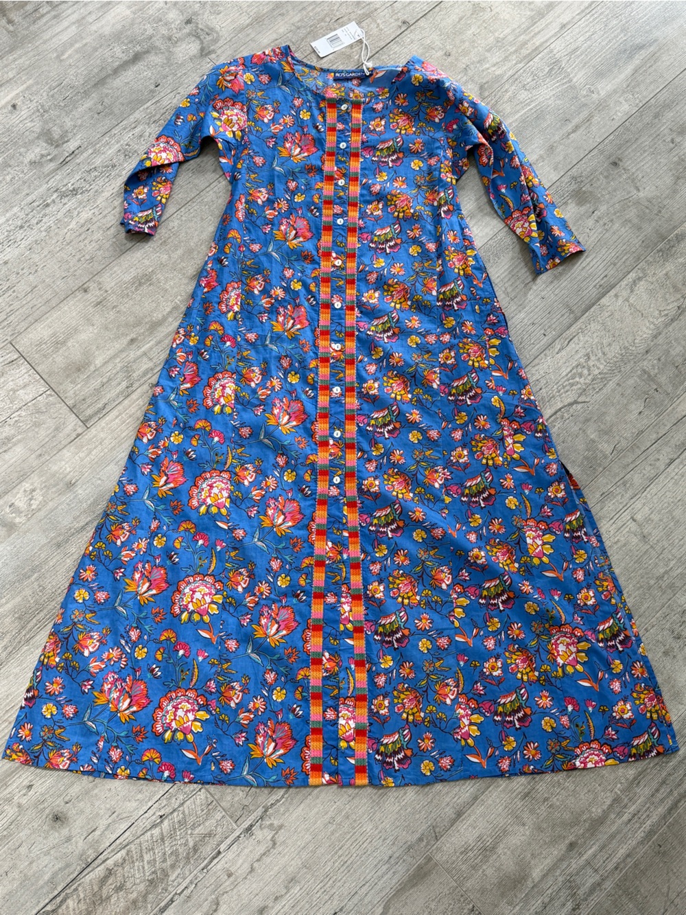 Ro’s Garden CottonFloral Button-Front Maxi w/ Embroidered Trim, Slit, 3/4 sleeve